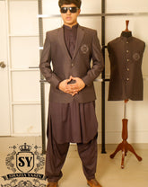 A beautiful Merlot blazer with Kameez shalwar suit Notch Lapel collar with embellished logo