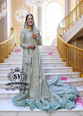 Pakistani Silver Long Tail Wedding Dress Bridal Lehenga Sugar Land Texas Royal Pakistani Bridal Dress