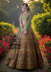A stunning dark apple green lehenga featuring digital print and luxurious embroidery. The Choli Blouse is hand-applied with intricate floral appliqués, giving it a glamorous look.