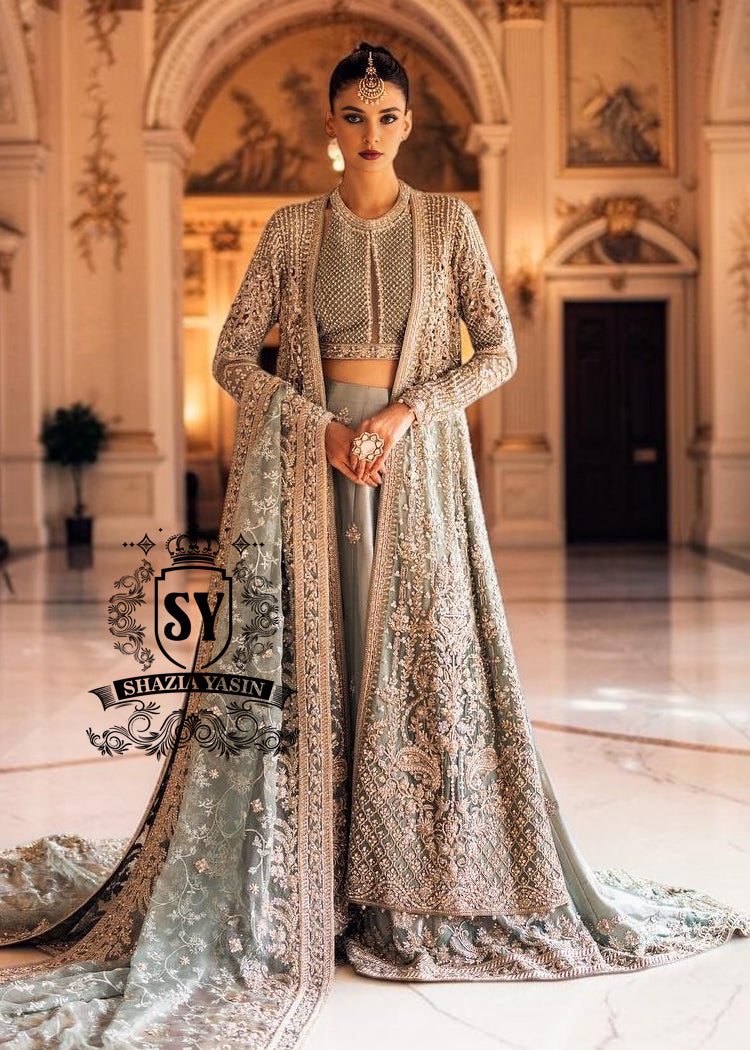 Fantastic Bridal dress in bright Crystal color will make your look extraordinary Original cut, luxurious embellishments, seductive Lehenga Choli style.