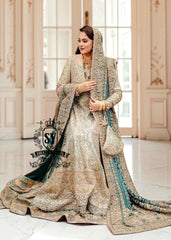 A royal look for a Full-figured bride will be created by this A-line long shirt with farshi lehenga dress made of luxurious lame fabric in Tradewind color.