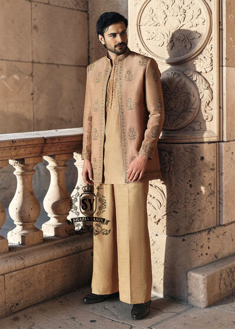 Luxury Men's Wedding Prince Coat Outfits San Jose California Golden Beige Sikh wedding fashion trends