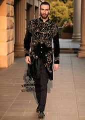 Elevate your style with this most luxurious velvet embellished men's sherwani. This High-end fashion sherwani is sure to make you stand out from the crowd.