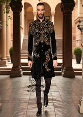 Elevate your style with this most luxurious velvet embellished men's sherwani. This High-end fashion sherwani is sure to make you stand out from the crowd.