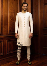 Elegant, slim-fit Off-White men's wedding Sherwani suit. A modern men's formal Sherwani suit perfect for contemporary weddings, stylish ceremonies, elegant Nikah events, and special occasions.