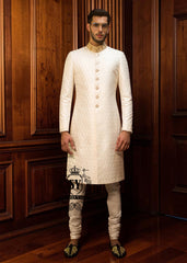 Elegant, slim-fit Off-White men's wedding Sherwani suit. A modern men's formal Sherwani suit perfect for contemporary weddings, stylish ceremonies, elegant Nikah events, and special occasions.
