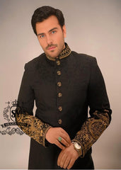 Draped in royalty. Tailored for the spotlight. Black Sherwani elegance elevated with intricate hand embroidery and timeless detailing.