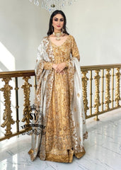 Our radiant Bride shining in the elegant angrakha pishwan, crafted from luxurious silky lame and adorned with exquisite embellishments. Let this gold outfit accentuate your captivating beauty!