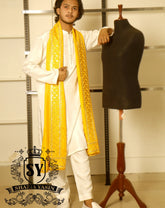Off white Mehndi Event Kurta Pajama with Yellow Embroidered Shawl