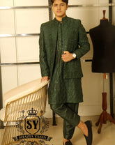 Poly Green waistcoat with kurta pajama suit latest collection for wedding and occasion
