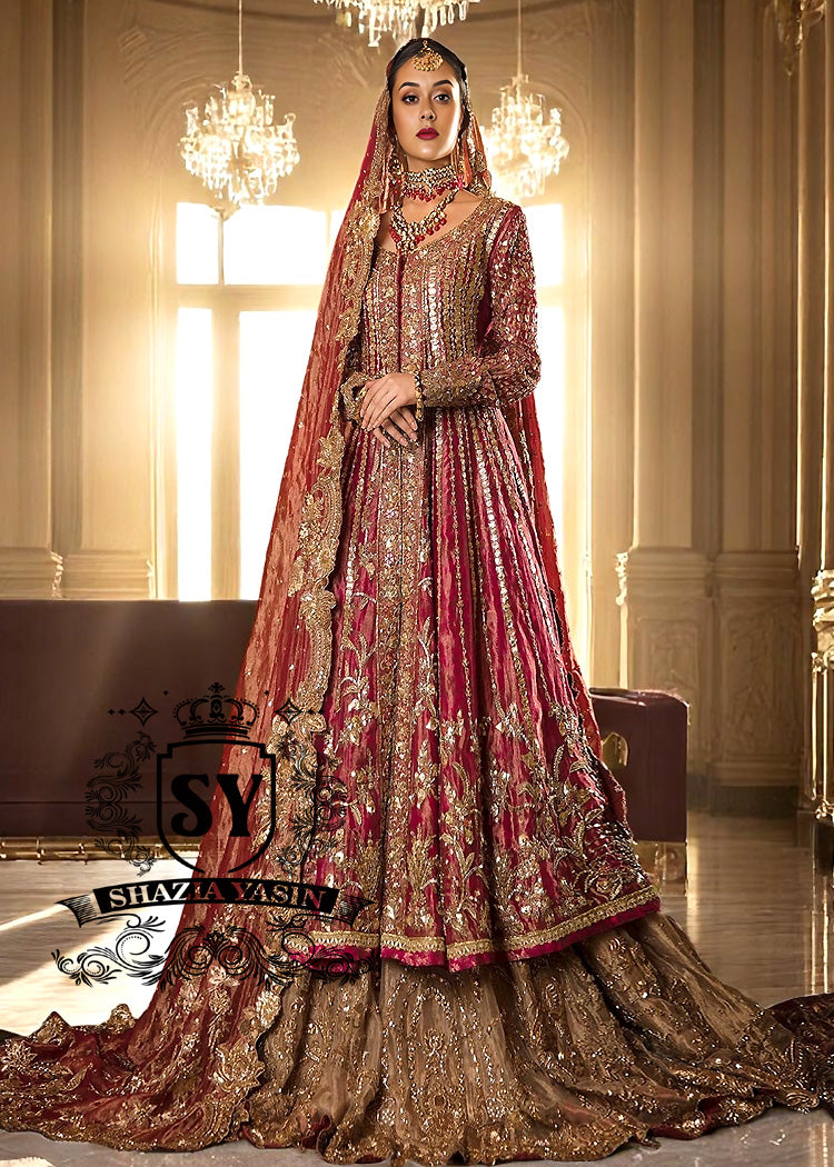 Vivid Burgundy Auburn Anarkali and Lehenga