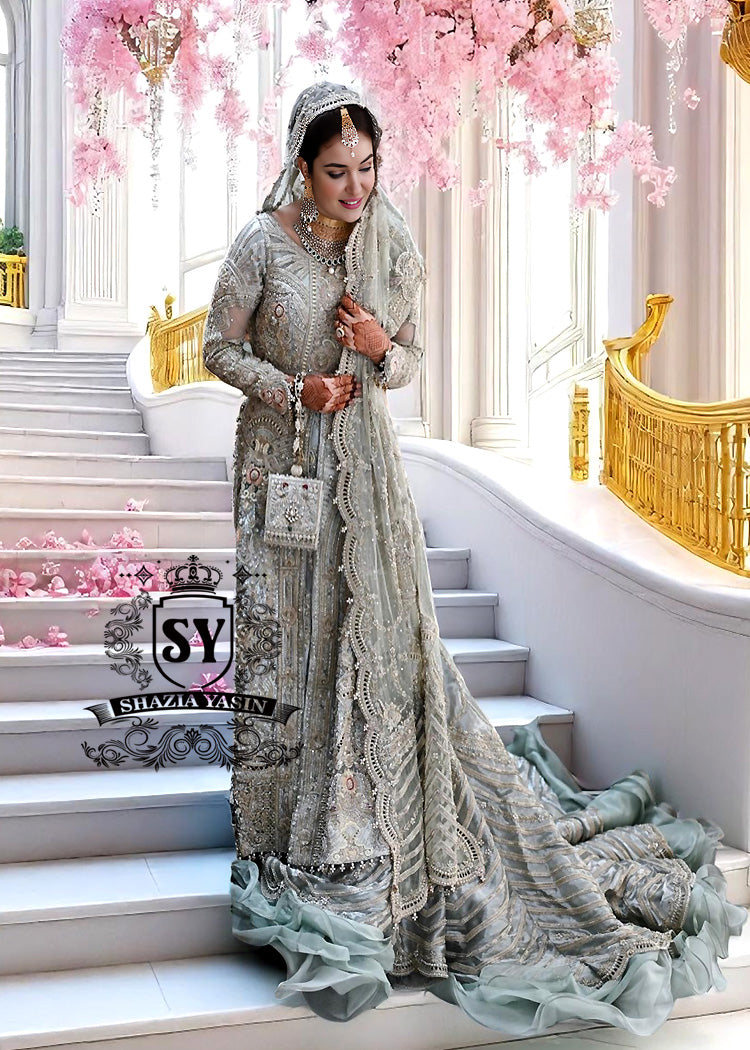 Pakistani Silver Long Tail Wedding Dress Bridal Lehenga Sugar Land Texas Royal Pakistani Bridal Dress