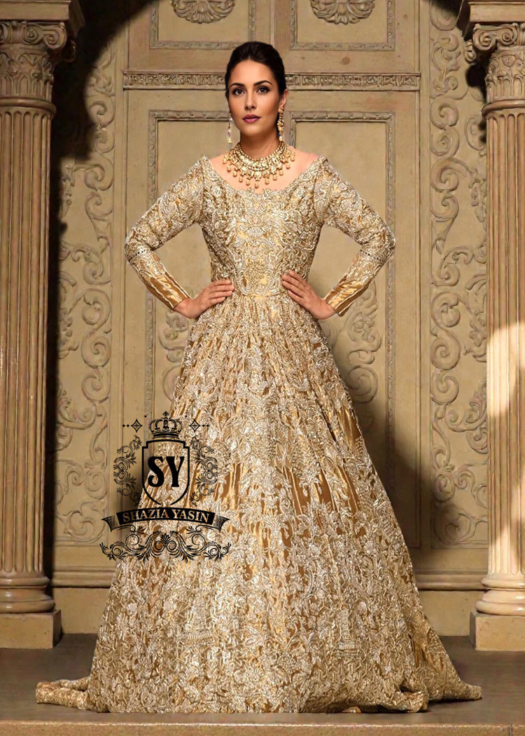 Heavy Bridal Luxury Wear for Wedding Rochester New York USA Golden Bridal Gown with long trails