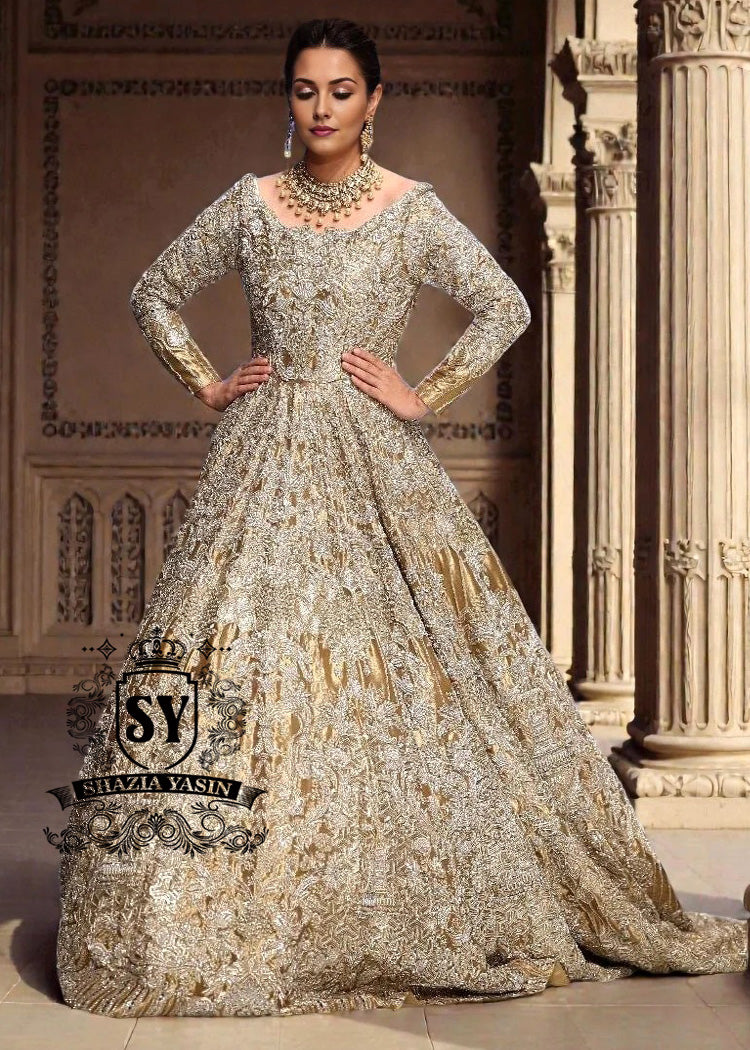 Heavy Bridal Luxury Wear for Wedding Rochester New York USA Golden Bridal Gown with long trails