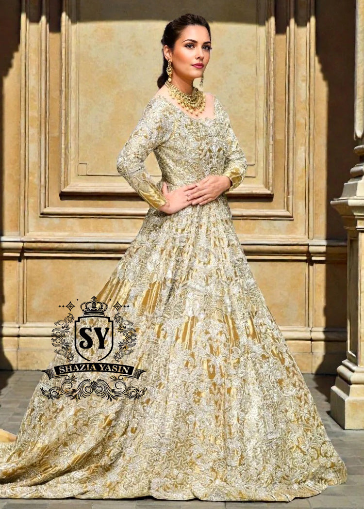 Heavy Bridal Luxury Wear for Wedding Rochester New York USA Golden Bridal Gown with long trails