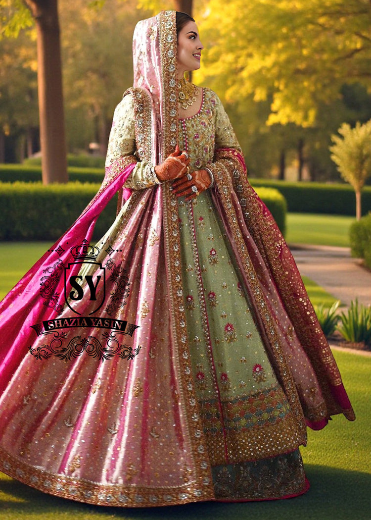 Introducing Bridal Pishwas with lehenga by Shazia Yasin - where royal meets romance, this intricate embellished wedding dress whispers a tale of sophistication.
