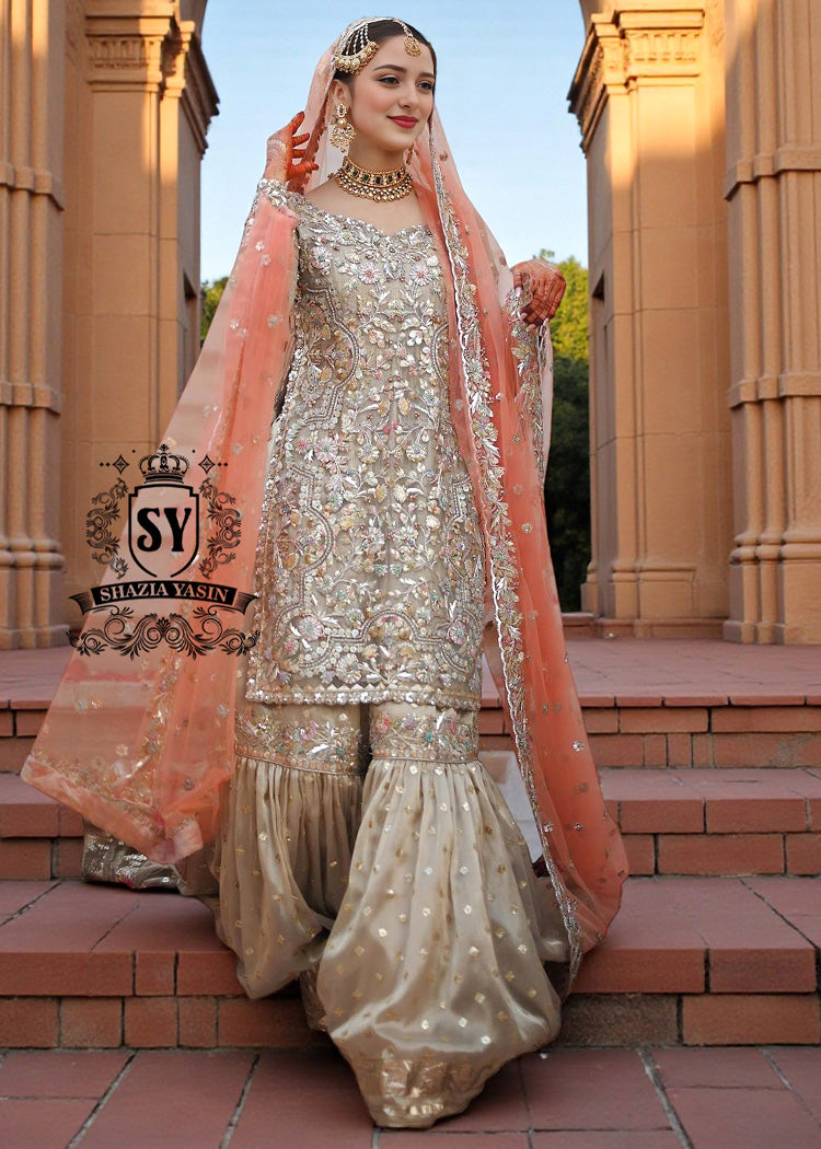 Stepping into forever in this Gharara from the 2026 Bridal Collection. A Divine Gharara dress with delicate Gota lace and a touch of heavenly elegance, perfect for a classic Nikkah ceremony.