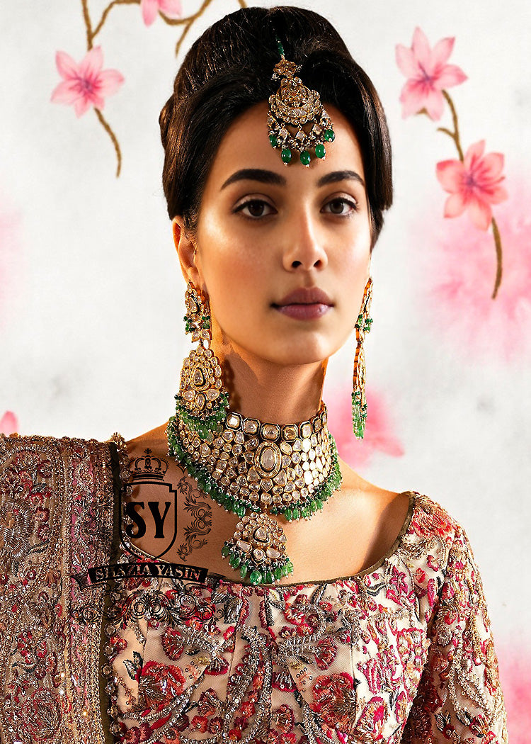 Luxury gold Bridal jewelry Emerald Kundan Choker Green Antique Gold Necklace Set Victorian Polki Pearl Choker