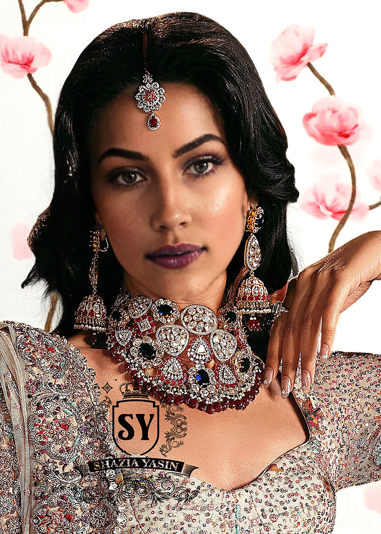 Latest Bridal Jewellery Set for Wedding Dark Sapphire Wedding Jewellery for Walima Reception with Diamond Polki Gemstones
