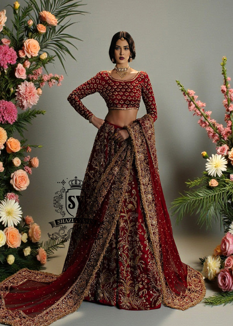 This Deep Maroon bridal dress, with carefully crafted Lehenga Choli details and impeccable finishes, will make every bride feel like a divine princess on her big day.