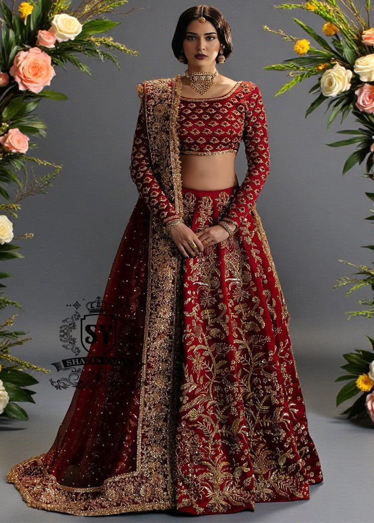 This Deep Maroon bridal dress, with carefully crafted Lehenga Choli details and impeccable finishes, will make every bride feel like a divine princess on her big day.