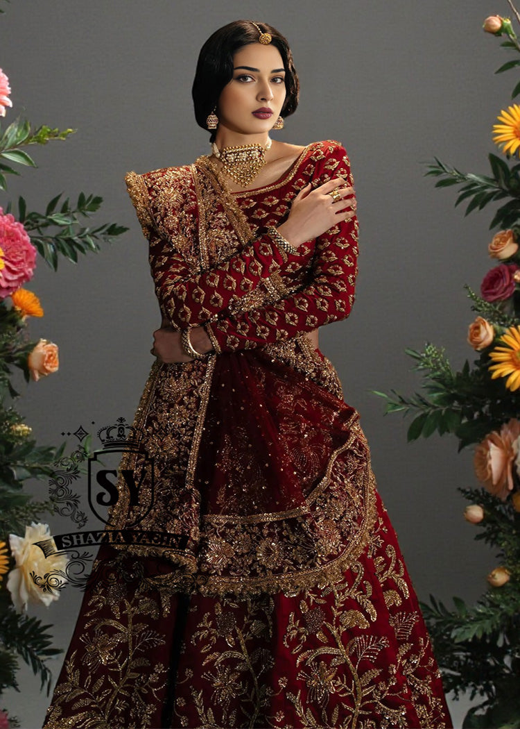 This Deep Maroon bridal dress, with carefully crafted Lehenga Choli details and impeccable finishes, will make every bride feel like a divine princess on her big day.