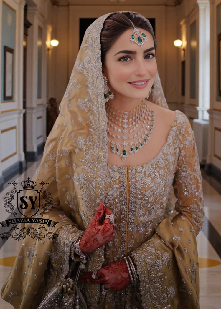 Golden Glow Wedding Dress: A Magical Transformation.
Discover the enchanting Pishwas Wedding Dress that blends timeless elegance with modern farshi lehenga design. Perfect for the sophisticated bride!