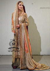 Charming A-line wedding dress with long Fully embellished sleeves and a boat neckline, with a voluminous princess-style lehenga skirt with a spectacular train.