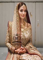 Charming A-line wedding dress with long Fully embellished sleeves and a boat neckline, with a voluminous princess-style lehenga skirt with a spectacular train.