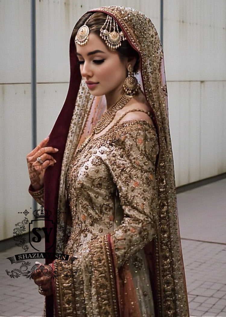 Charming A-line wedding dress with long Fully embellished sleeves and a boat neckline, with a voluminous princess-style lehenga skirt with a spectacular train.