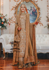 An embellished bridal dress with royal silhouette farshi Lehenga, embodying the perfect blend of classic sophistication and ethereal romance. The Crystal embroidery asserts itself, scattered in places, dense in others, evoking radiant brilliance throughout.