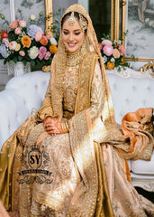 An embellished bridal dress with royal silhouette farshi Lehenga, embodying the perfect blend of classic sophistication and ethereal romance. The Crystal embroidery asserts itself, scattered in places, dense in others, evoking radiant brilliance throughout.