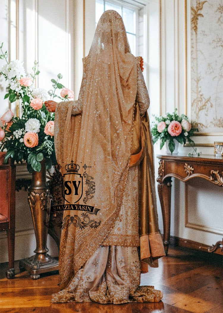 An embellished bridal dress with royal silhouette farshi Lehenga, embodying the perfect blend of classic sophistication and ethereal romance. The Crystal embroidery asserts itself, scattered in places, dense in others, evoking radiant brilliance throughout.