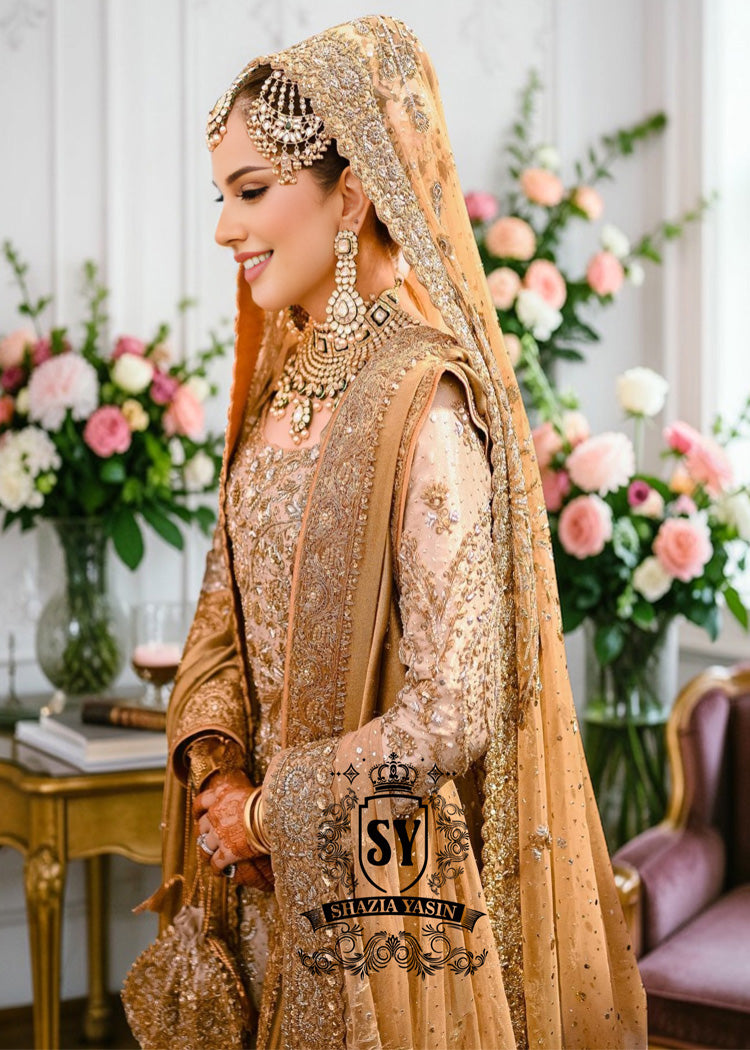 An embellished bridal dress with royal silhouette farshi Lehenga, embodying the perfect blend of classic sophistication and ethereal romance. The Crystal embroidery asserts itself, scattered in places, dense in others, evoking radiant brilliance throughout.