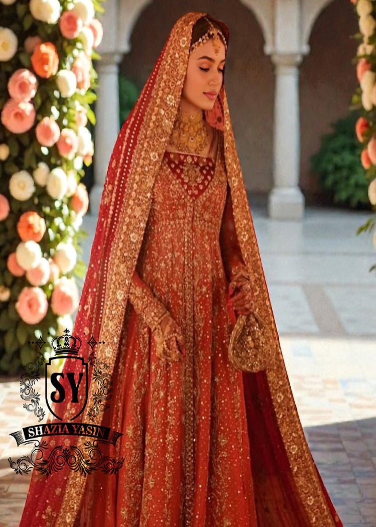 A traditional Pakistani bride epitomizes royal elegance in our newest bridal Pishwas Lehenga dress.