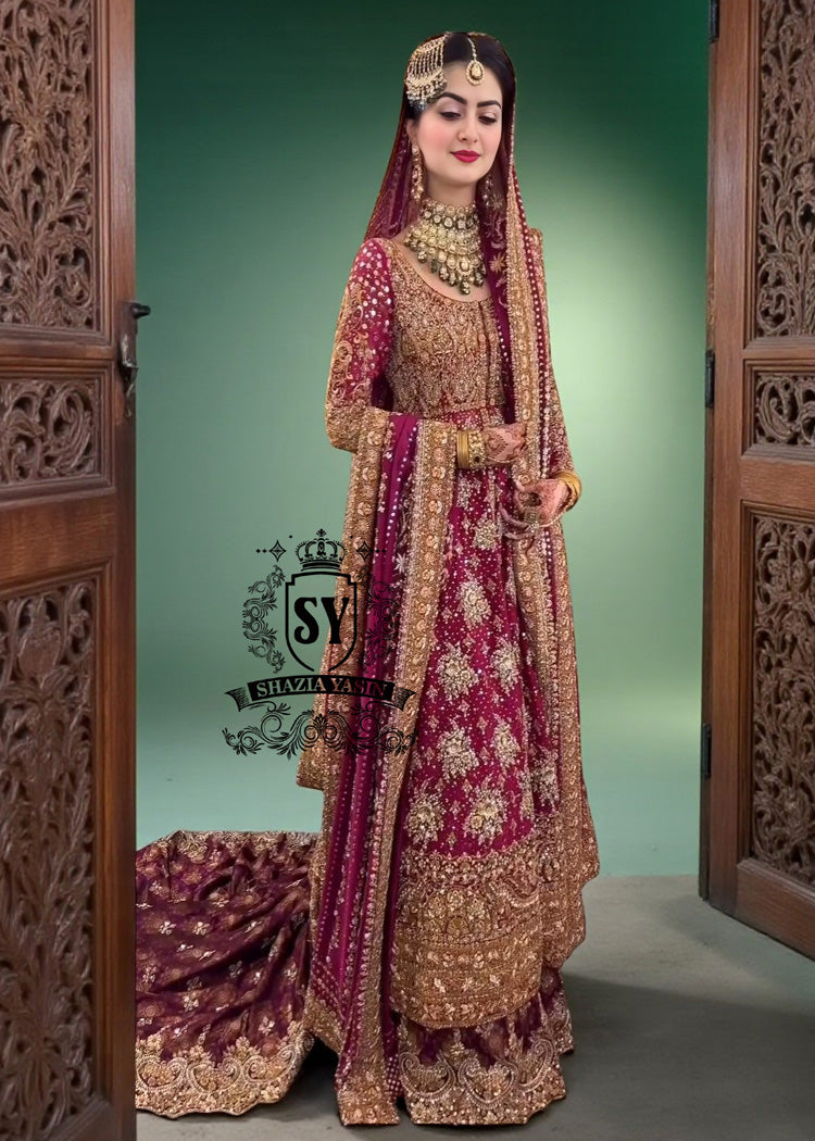 An elegant long Pishwas hand embellished wedding dress designed for the modern bride who wants to truly feel luxury on her wedding day. This dress is ideal for brides searching for a modern wedding dress, farshi bridal lehenga, or a lehenga wedding dress with train.