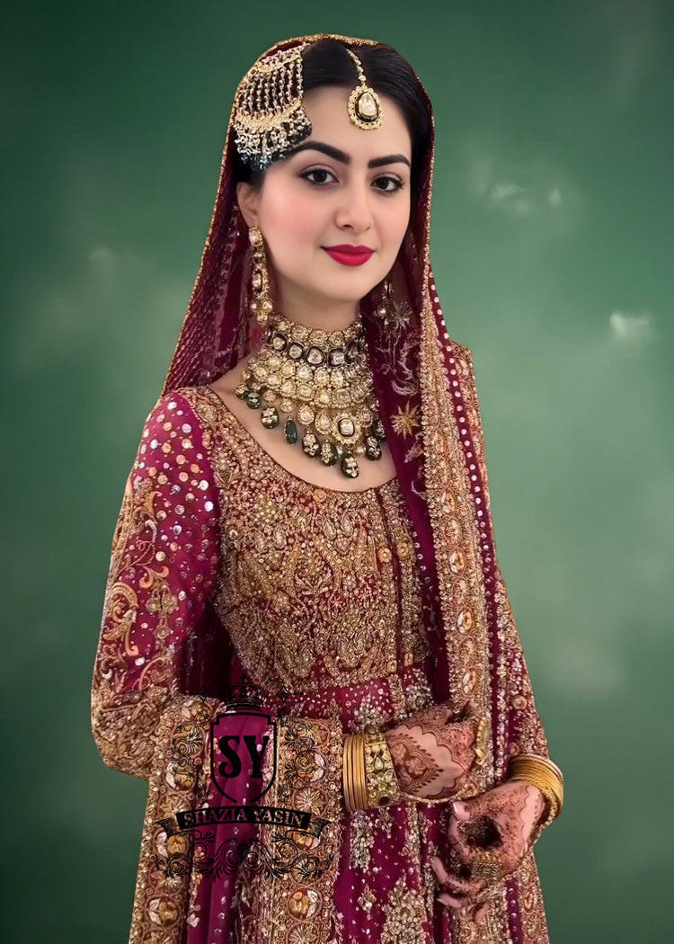 An elegant long Pishwas hand embellished wedding dress designed for the modern bride who wants to truly feel luxury on her wedding day. This dress is ideal for brides searching for a modern wedding dress, farshi bridal lehenga, or a lehenga wedding dress with train.