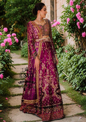 This striking two-tone Berry and Berry Burgundy lehenga choli is heavily embellished with shimmering gold handwork and harmonious silk threadwork for a modern classic look. The luxurious bodice is hand-embellished with diamante detailing, making you stand out in the crowd.