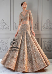 The essence of romance reimagined into a showstopping Lehenga silhouette. This bridal dress features a sculpted choli bodice with a dramatic front waist and daring sheer side cutouts, creating an interplay of strength and sensuality.