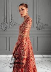 A masterpiece of an embellished long gown, featuring a jamawar bustier, a daring front slit and tulle sleeves with elongated beaded cuffs. Perfect for the red carpet, this Lehenga bridal dress brings Bollywood glamour all the way down the aisle.