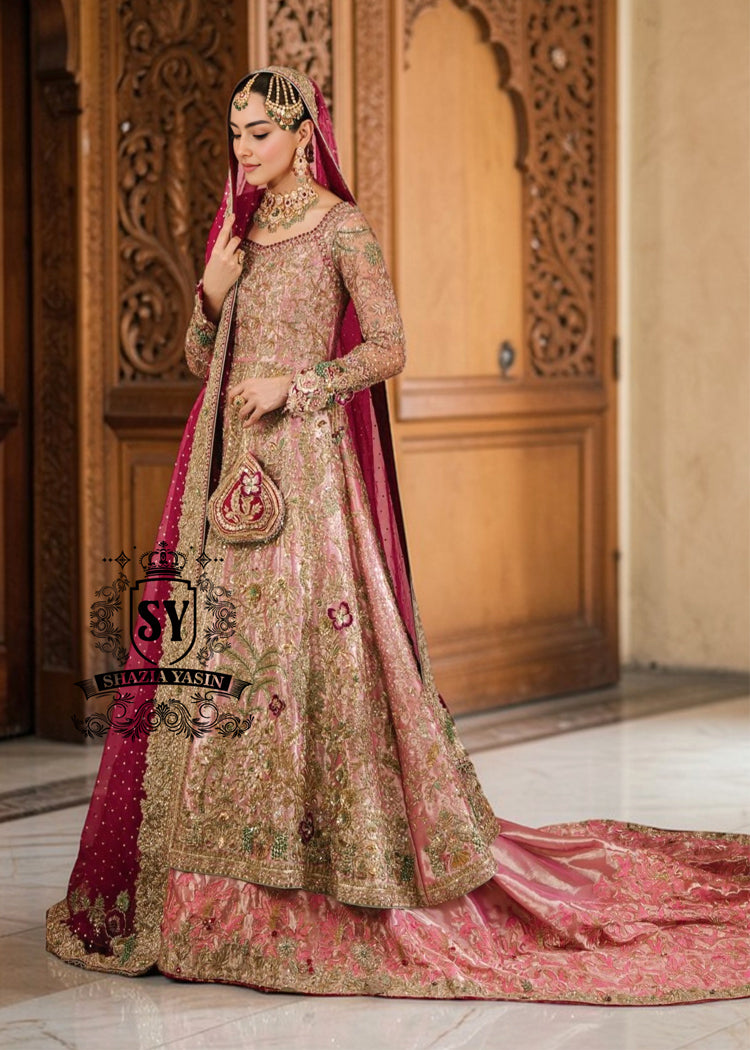 Unleash your inner star with our exquisite haute couture wedding dress, where modern elegance meets sophisticated warmth! This stunning Pishwas is designed to make you feel like royalty, with its delicate hand-embroidered technique and dramatic farshi Lehenga.