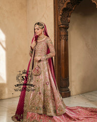 Unleash your inner star with our exquisite haute couture wedding dress, where modern elegance meets sophisticated warmth! This stunning Pishwas is designed to make you feel like royalty, with its delicate hand-embroidered technique and dramatic farshi Lehenga.