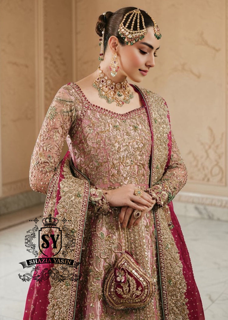 Unleash your inner star with our exquisite haute couture wedding dress, where modern elegance meets sophisticated warmth! This stunning Pishwas is designed to make you feel like royalty, with its delicate hand-embroidered technique and dramatic farshi Lehenga.