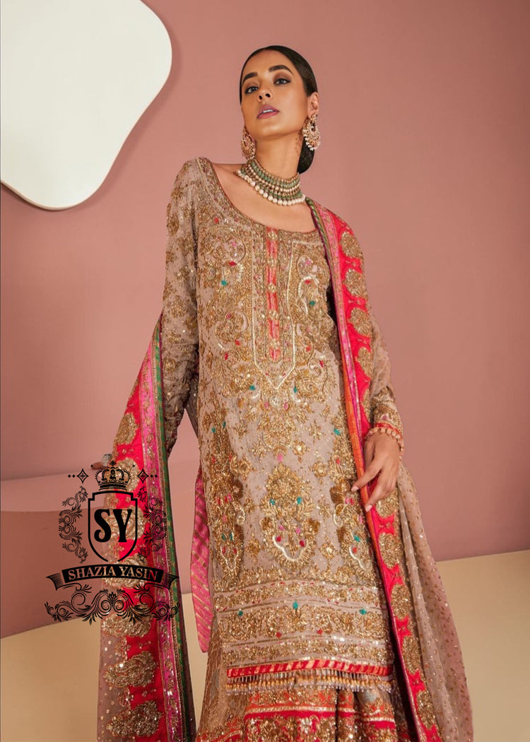 This luxurious, exclusive wedding dress from leading Pakistani designers shimmers with a noble glow in the light. Its majestic Gharara silhouette is perfect for a triumphant entrance, captivating the senses. This look exudes the hand of a true master who understands the value of true beauty.