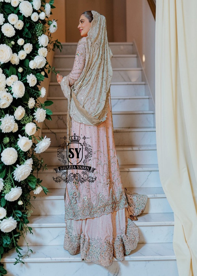 You can conquer the world! Exclusive Bridal dress style with perfect Lehenga lines. Underline your status with Fair Pink Wedding dress.