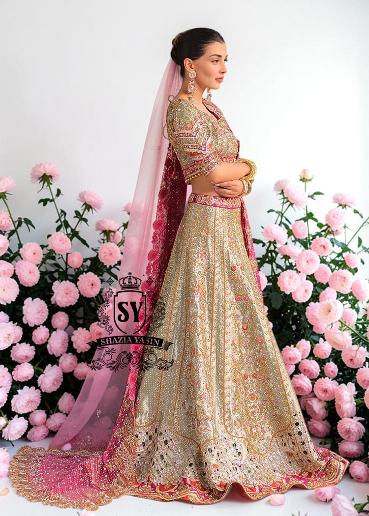 This Bridal dress is the true embodiment of elegance: delicate, silky Lame envelops the Lehenga silhouette, emphasizing every movement. Rich decoration creates a radiant effect - exquisite embroidery with pearls, beads and crystals adds depth and noble shine.