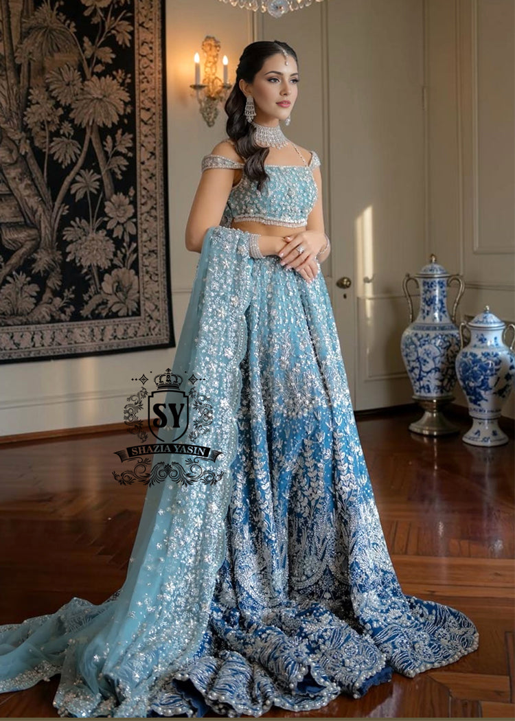 Feel like a queen in this spectacular wedding dress! Every detail, from the shimmering sequins to the delicate embellishments on the Lehenga Choli, is designed for an unforgettable entrance. 
