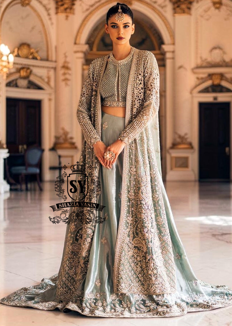 Fantastic Bridal dress in bright Crystal color will make your look extraordinary Original cut, luxurious embellishments, seductive Lehenga Choli style.