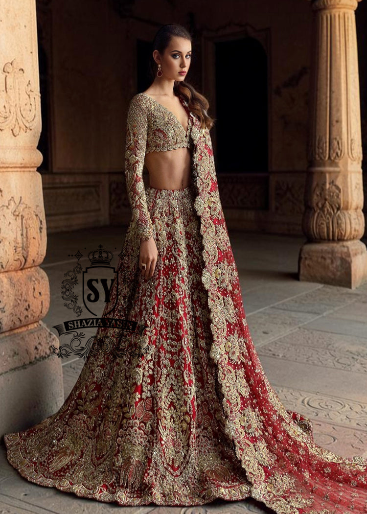 This Angels Red bridal dress is the epitome of grace and grandeur — a wedding lehenga choli dress crafted to perfection for your big day. Full of shine and feminine charm, this is a perfect choice for brides who want to subtly shine on their big day.