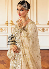 Ivory Hand Embellished wedding dress with sheer sleeves and floral decorations.